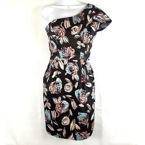 Women's beautiful one shoulder dress, size medium. Rich brown with aqua, rose